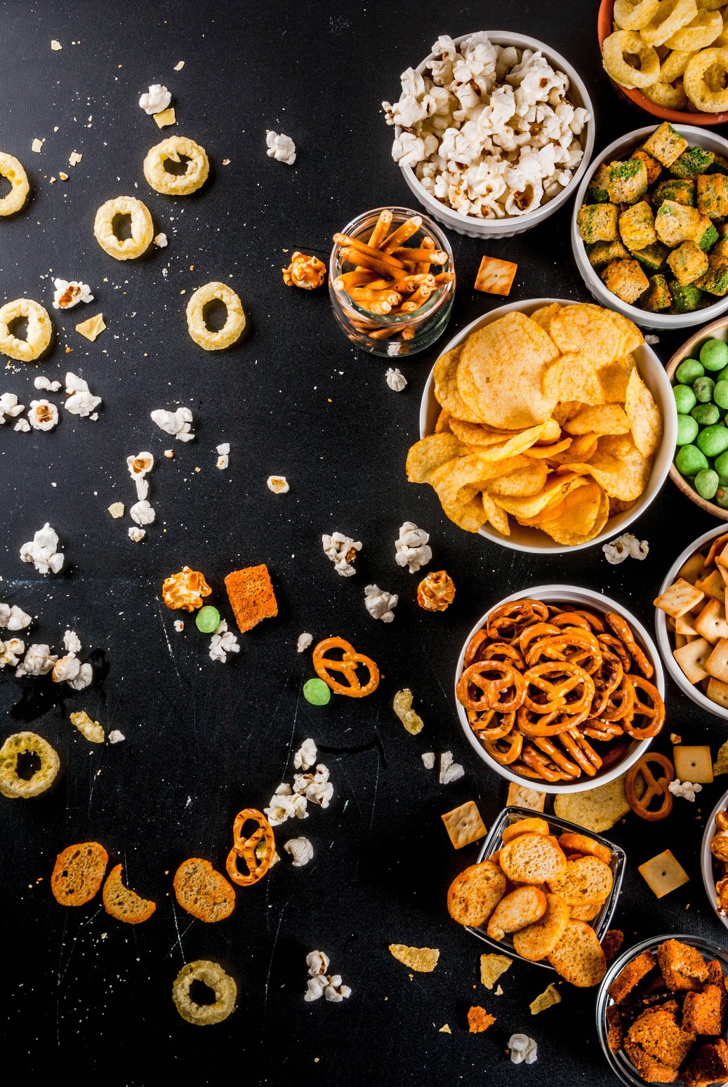 Variation Different Unhealthy Snacks Crackers, Sweet Salted Popc